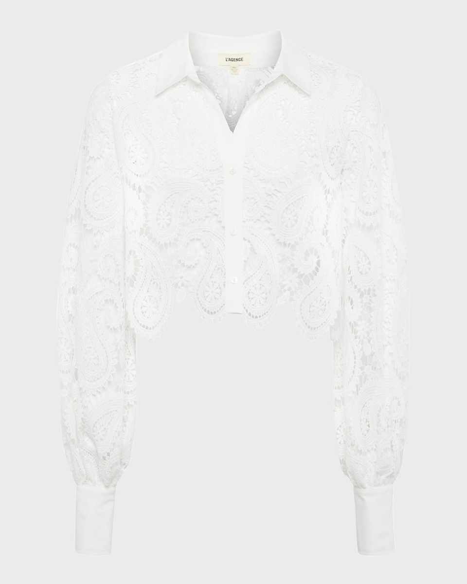 Odelia Paisley Lace Cropped Button-Front Blous